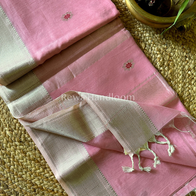 Maheshwari Flamingo Pink Silver Zari Sarees