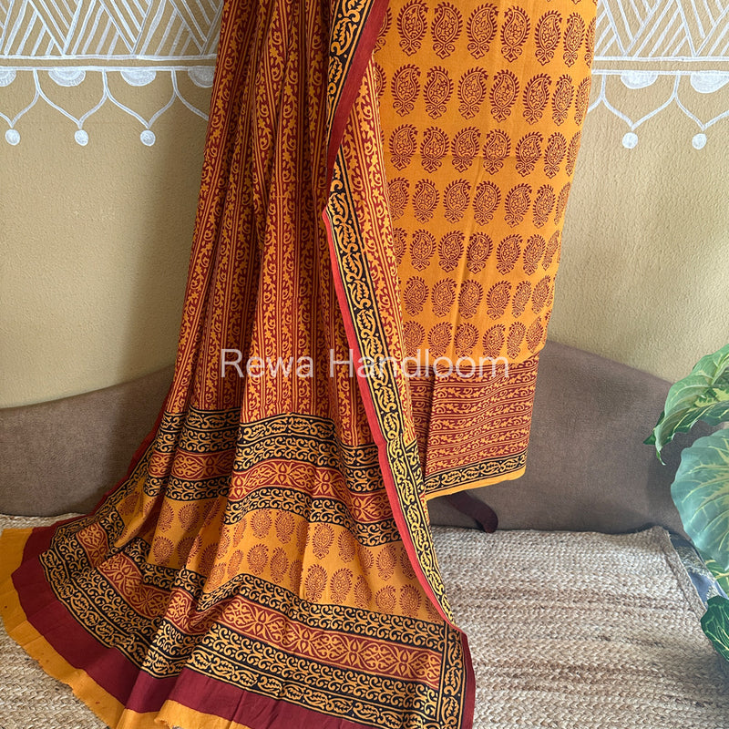 Orange-Maroon Bagh Print Cotton Suit-BCSP56