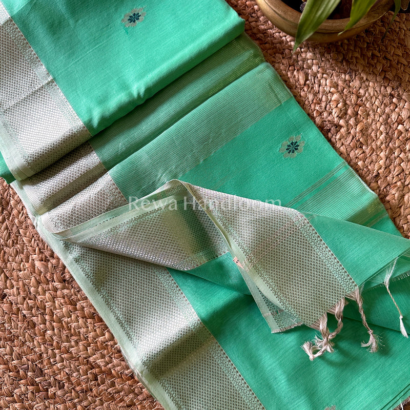 Maheshwari Turquoise Silver Zari Sarees 
