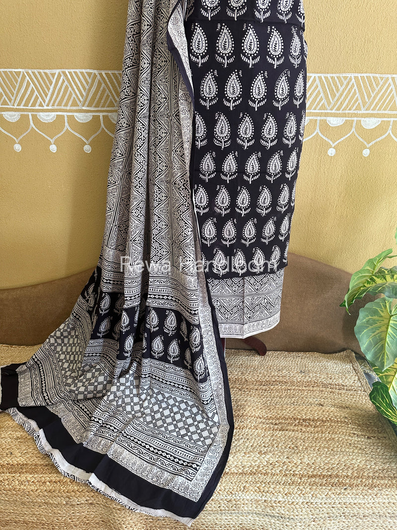 Black-White Bagh Print Cotton Suit-BCS72