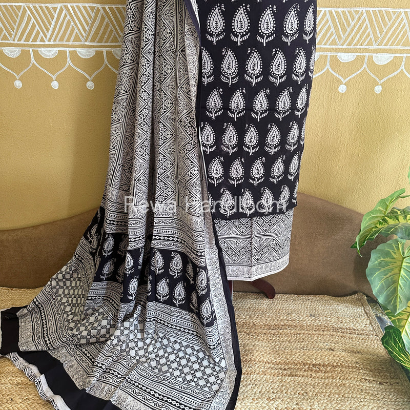 Black-White Bagh Print Cotton Suit-BCS72