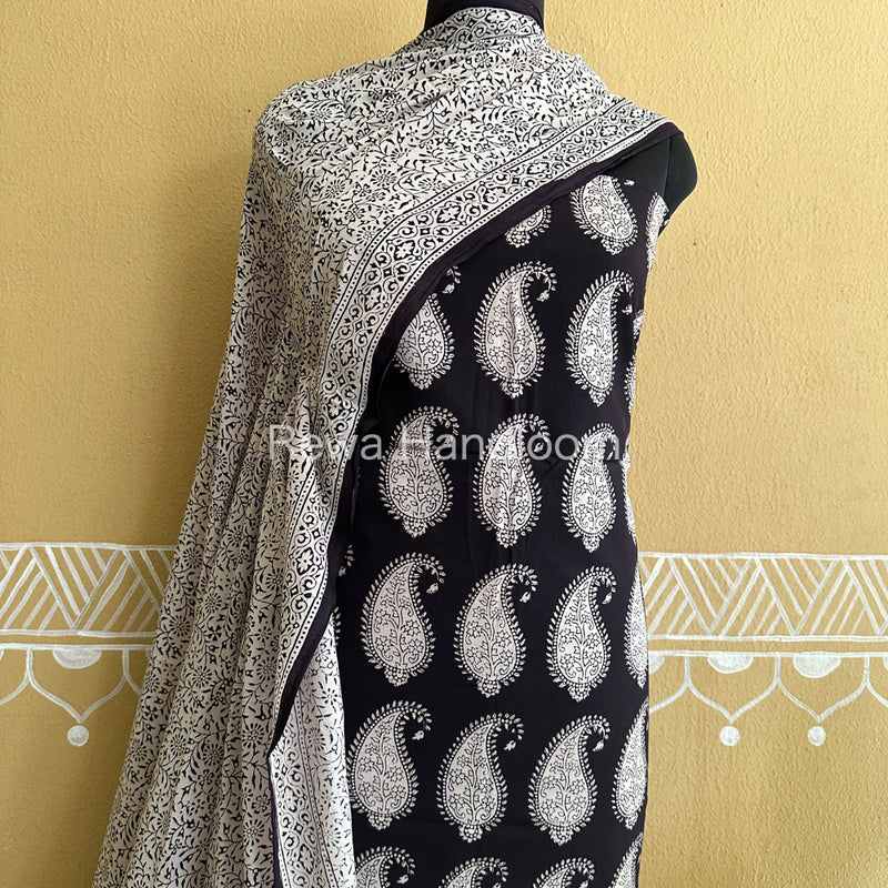 Black-White Bagh Print Cotton Suit-BCS70