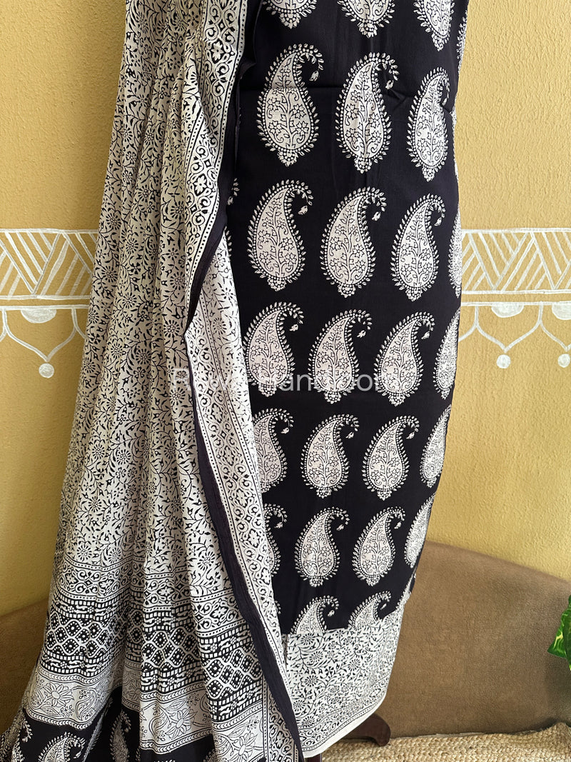 Black-White Bagh Print Cotton Suit-BCS70