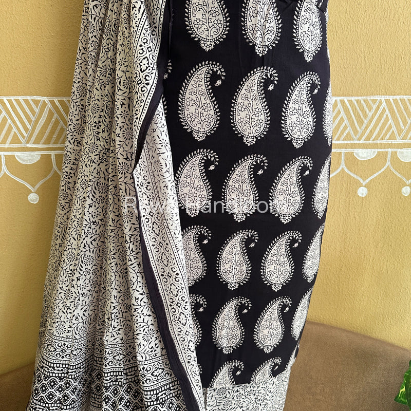 Black-White Bagh Print Cotton Suit-BCS70