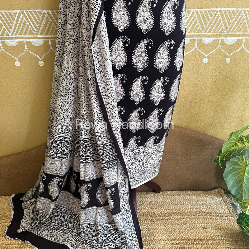 Black-White Bagh Print Cotton Suit-BCS70