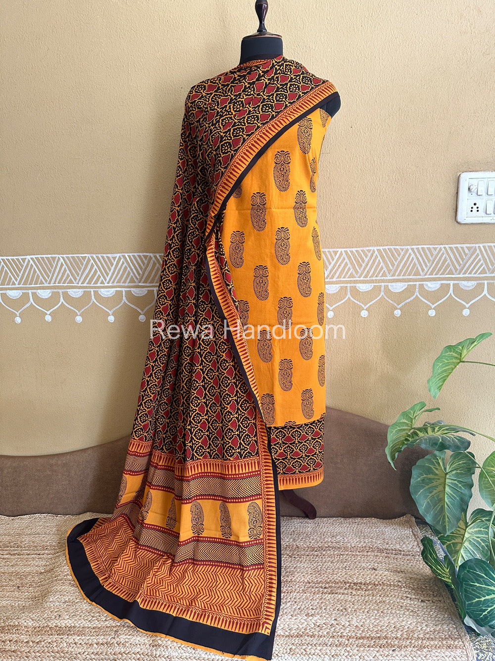 Yellow-Black Bagh Print Cotton Suit-BCSP55