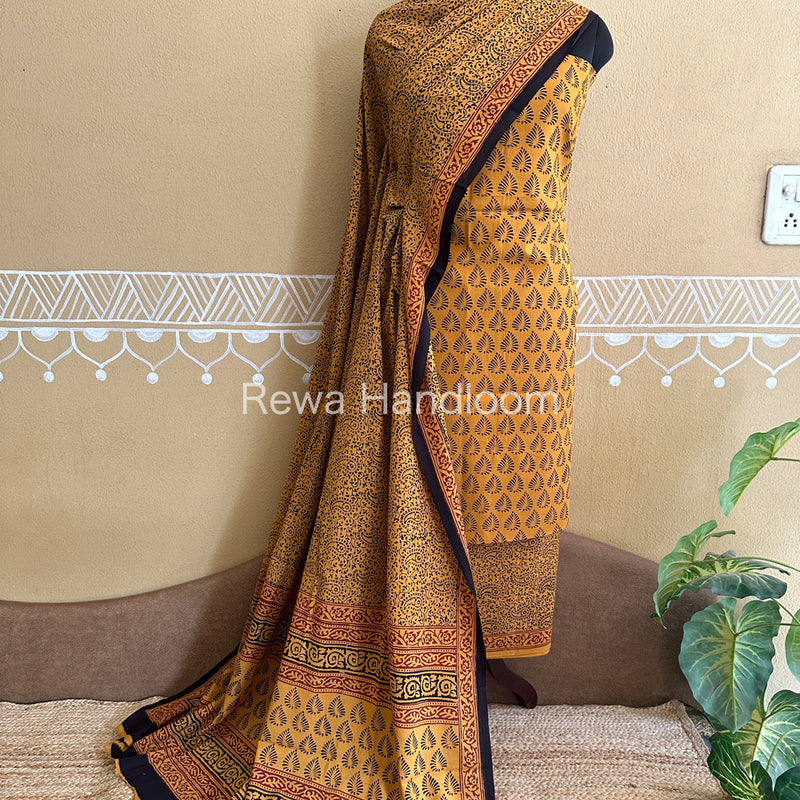 Yellow-Black Bagh Print Cotton Suit-BCSP64