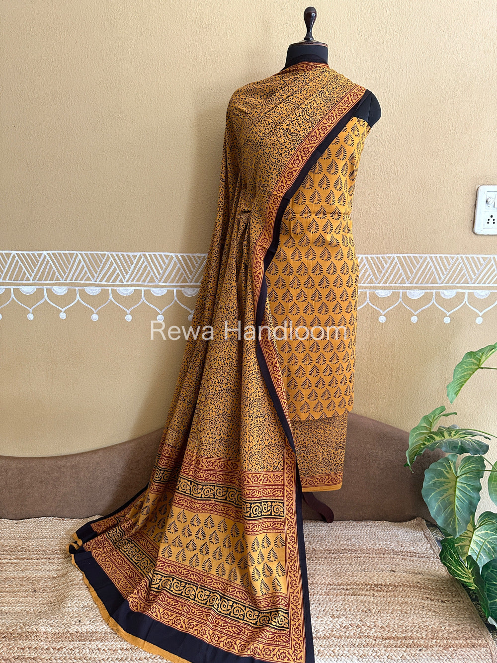 Yellow-Black Bagh Print Cotton Suit-BCSP64