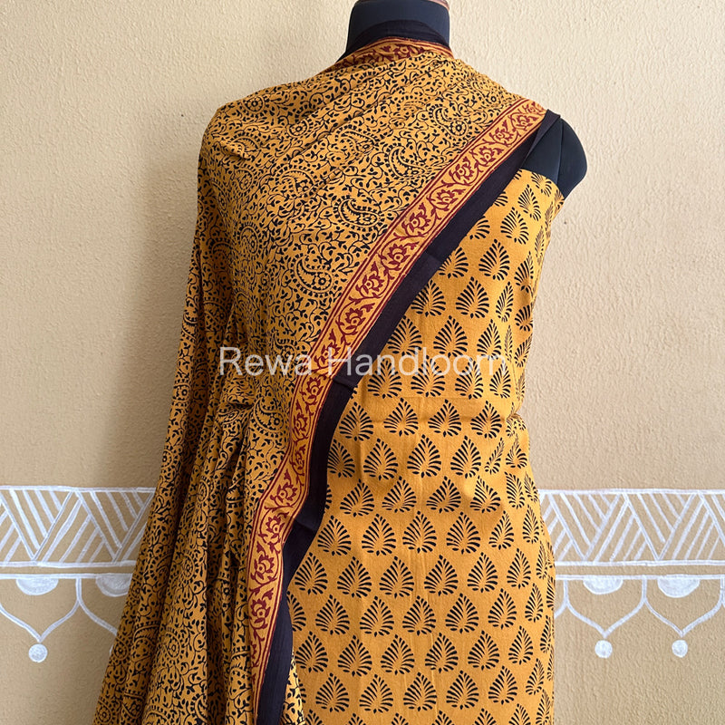 Yellow-Black Bagh Print Cotton Suit-BCSP64