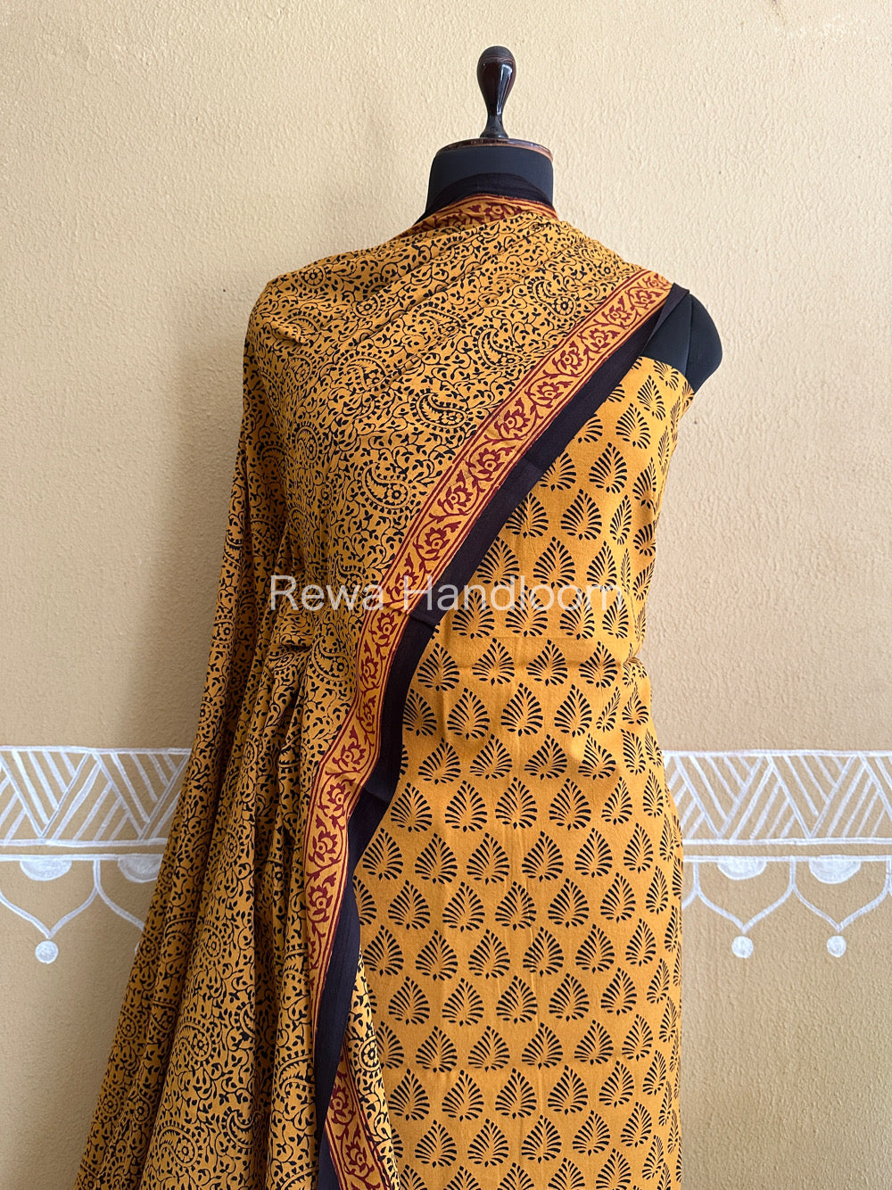 Yellow-Black Bagh Print Cotton Suit-BCSP64