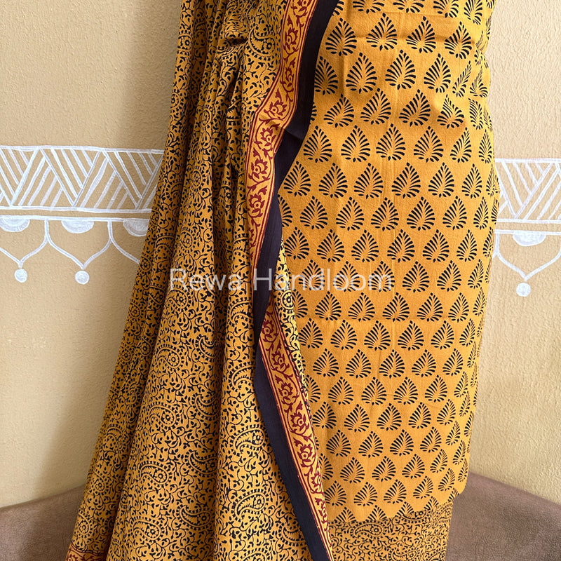 Yellow-Black Bagh Print Cotton Suit-BCSP64