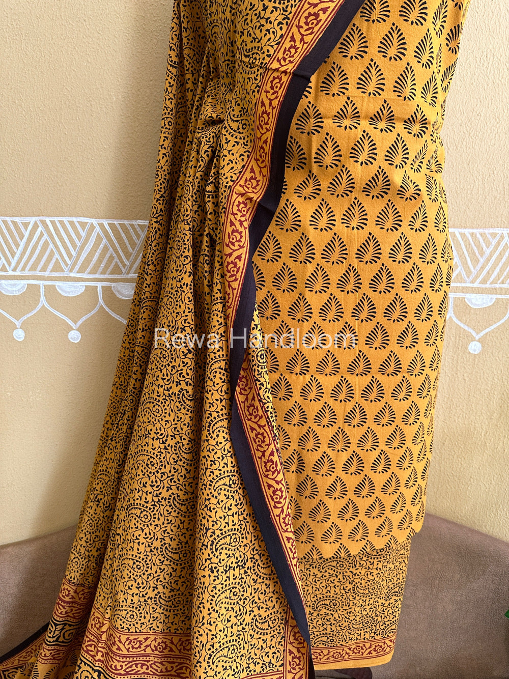 Yellow-Black Bagh Print Cotton Suit-BCSP64
