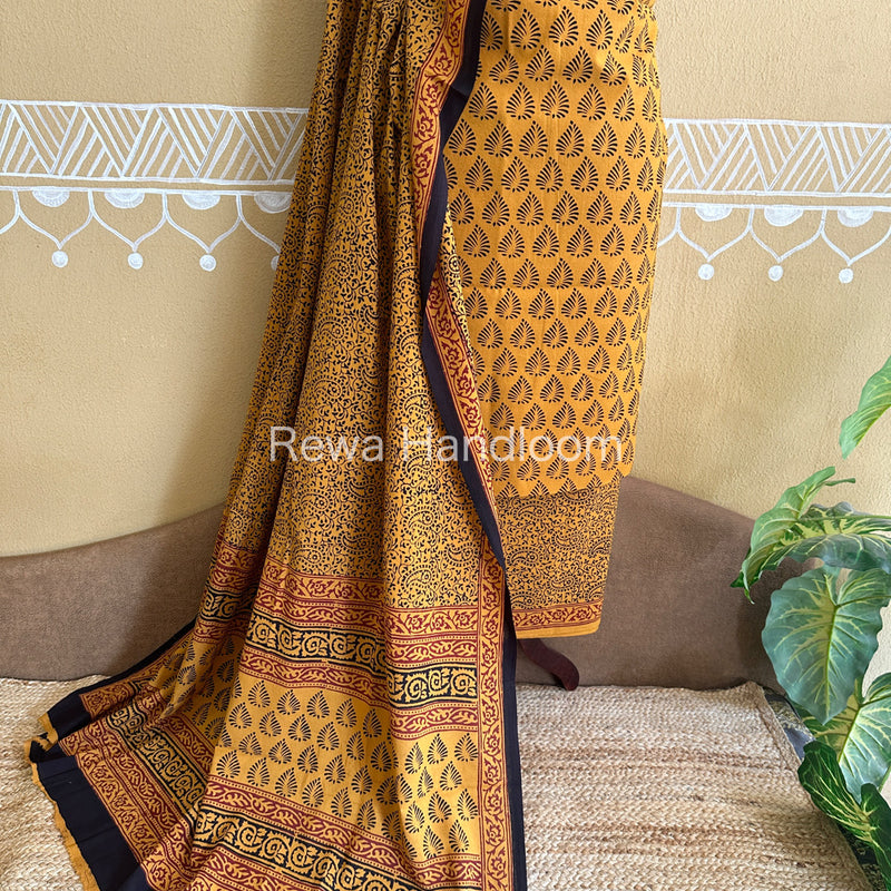 Yellow-Black Bagh Print Cotton Suit-BCSP64