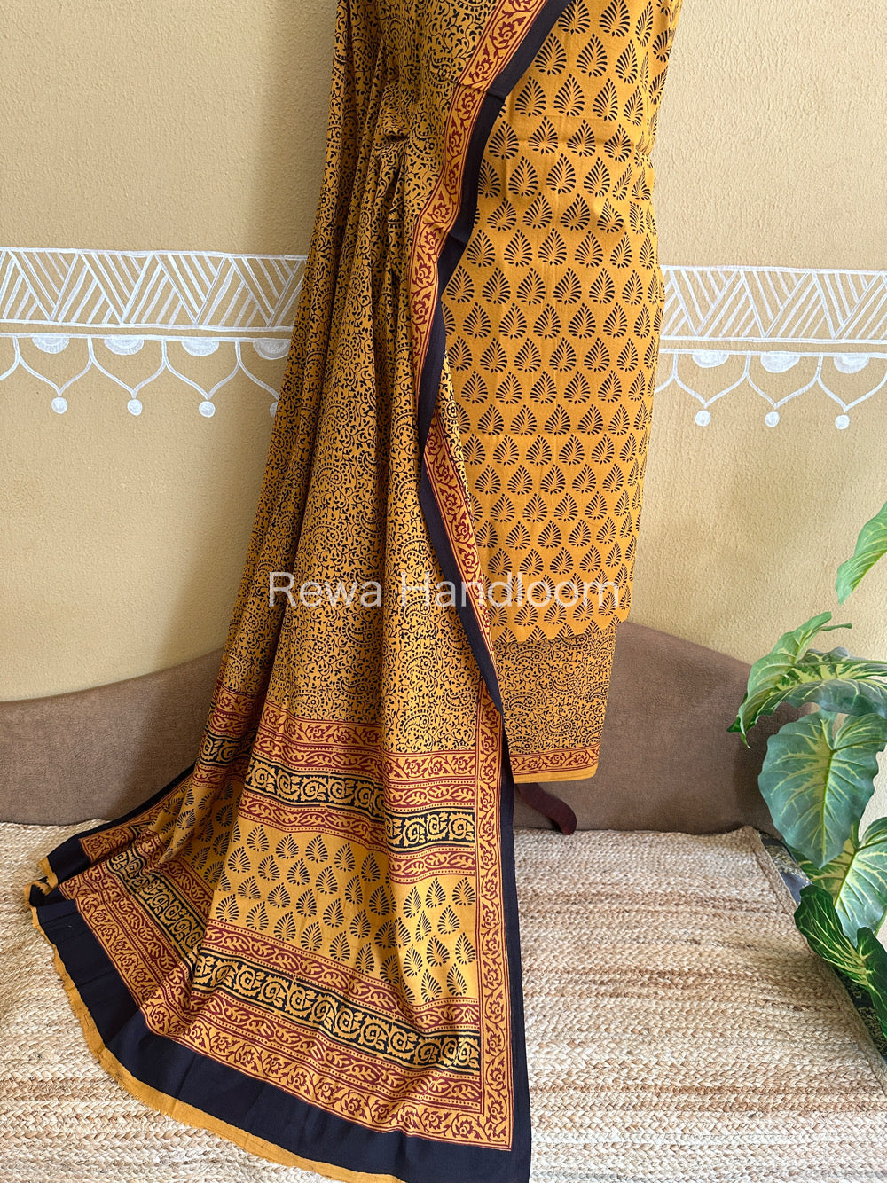 Yellow-Black Bagh Print Cotton Suit-BCSP64