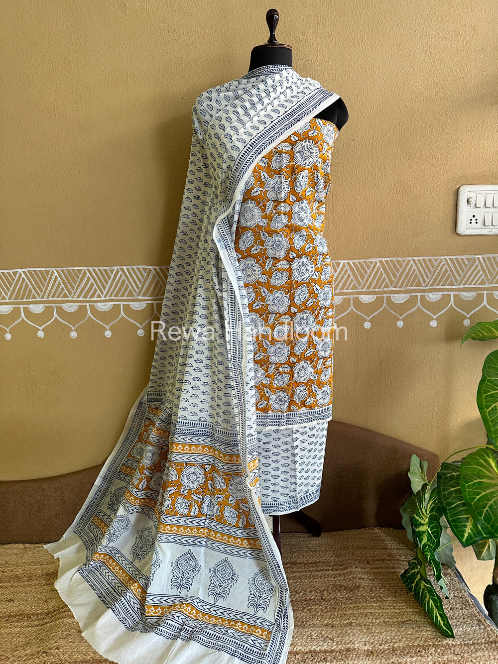 Yellow-White Indigo Bagh Print Suit- BCIP02