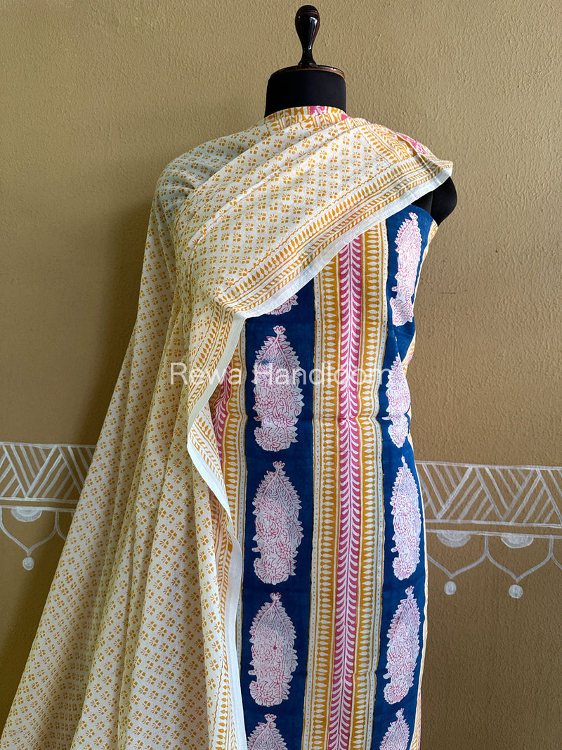 Blue-Yellow Indigo Bagh Print Suit BCI010