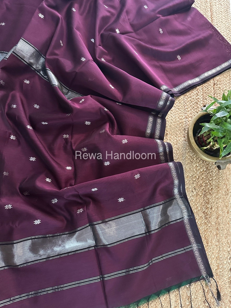 Maheshwari Wine Silver Butti Saree BSS04