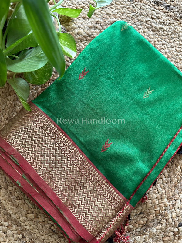 Maheshwari Green-Red Pure Silk Saree PS13