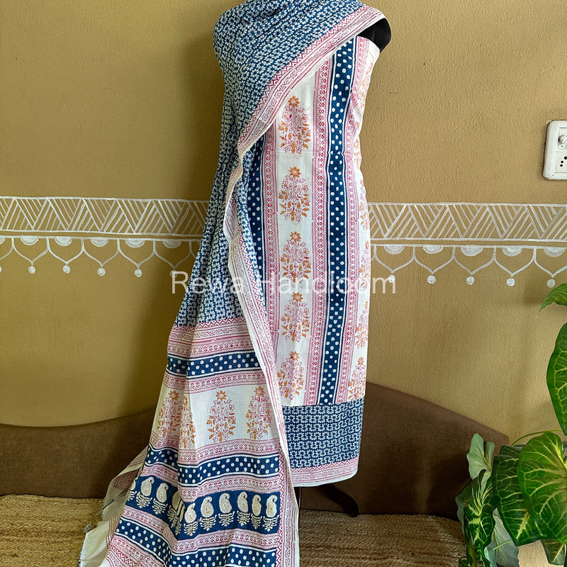 White-Blue Indigo Bagh Print Suit- BCI08