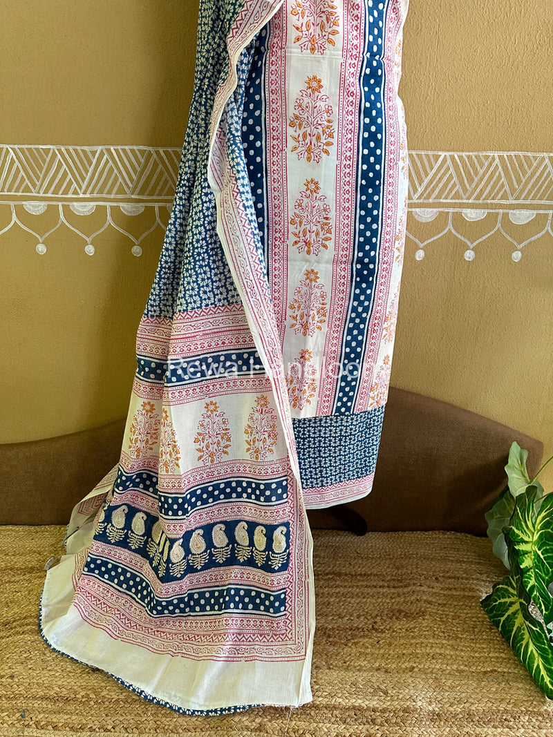 White-Blue Indigo Bagh Print Suit- BCI08