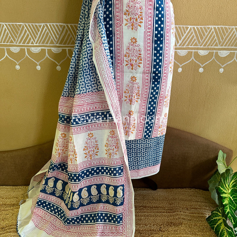 White-Blue Indigo Bagh Print Suit- BCI08