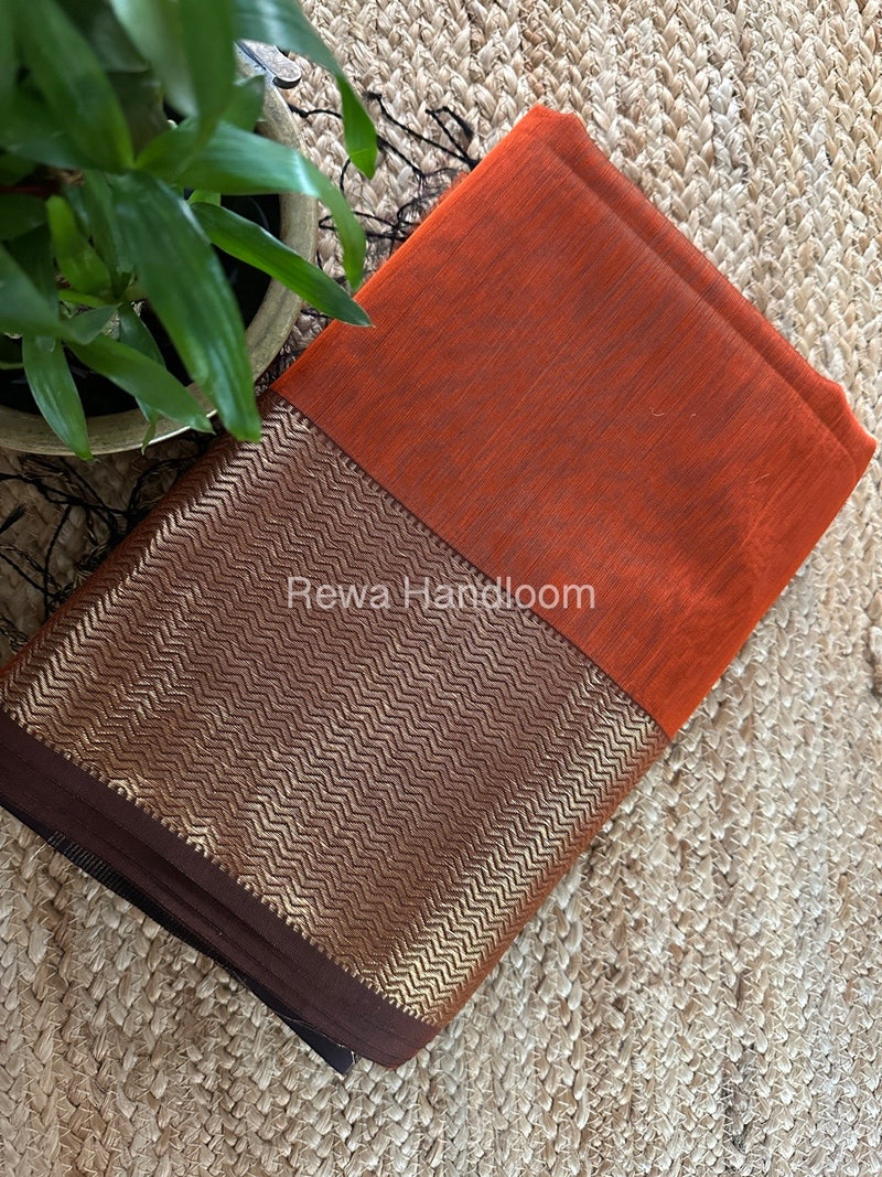 Maheshwari Rust Zari Border Plain Saree ZS0109