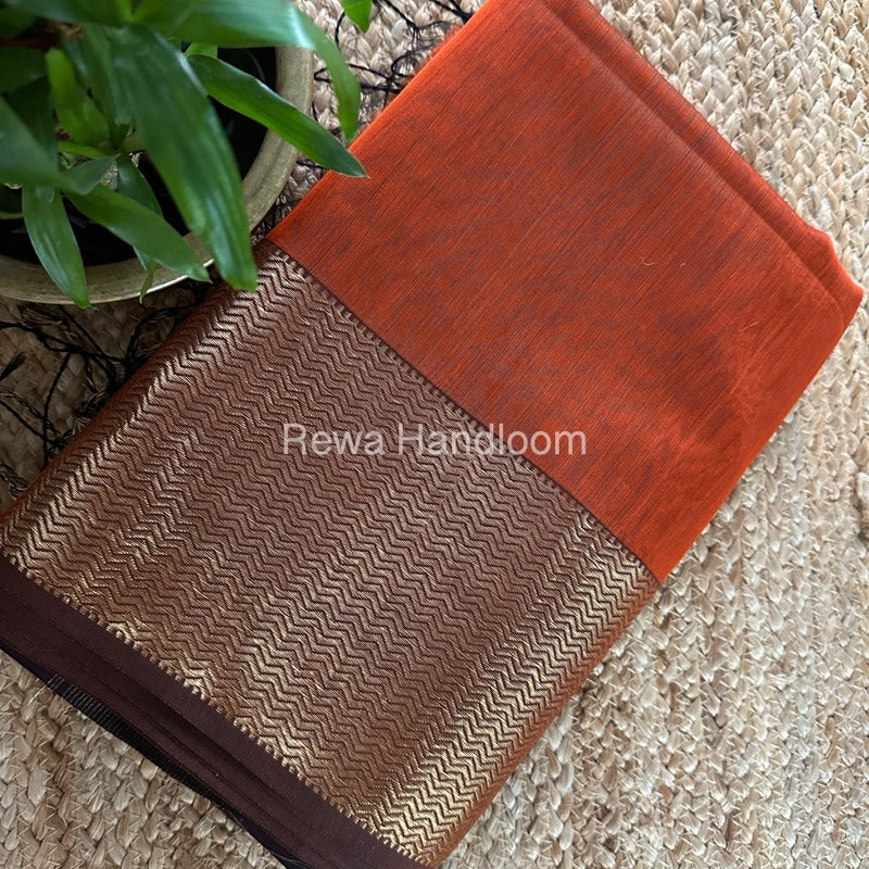 Maheshwari Rust Zari Border Plain Saree ZS0109