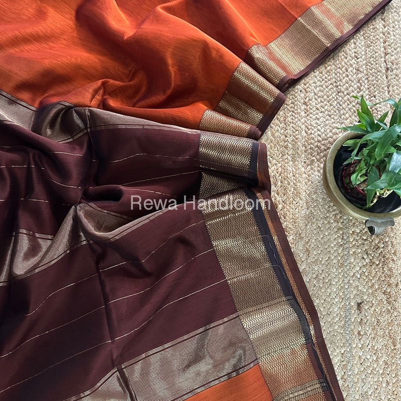 Maheshwari Rust Zari Border Plain Saree ZS0109