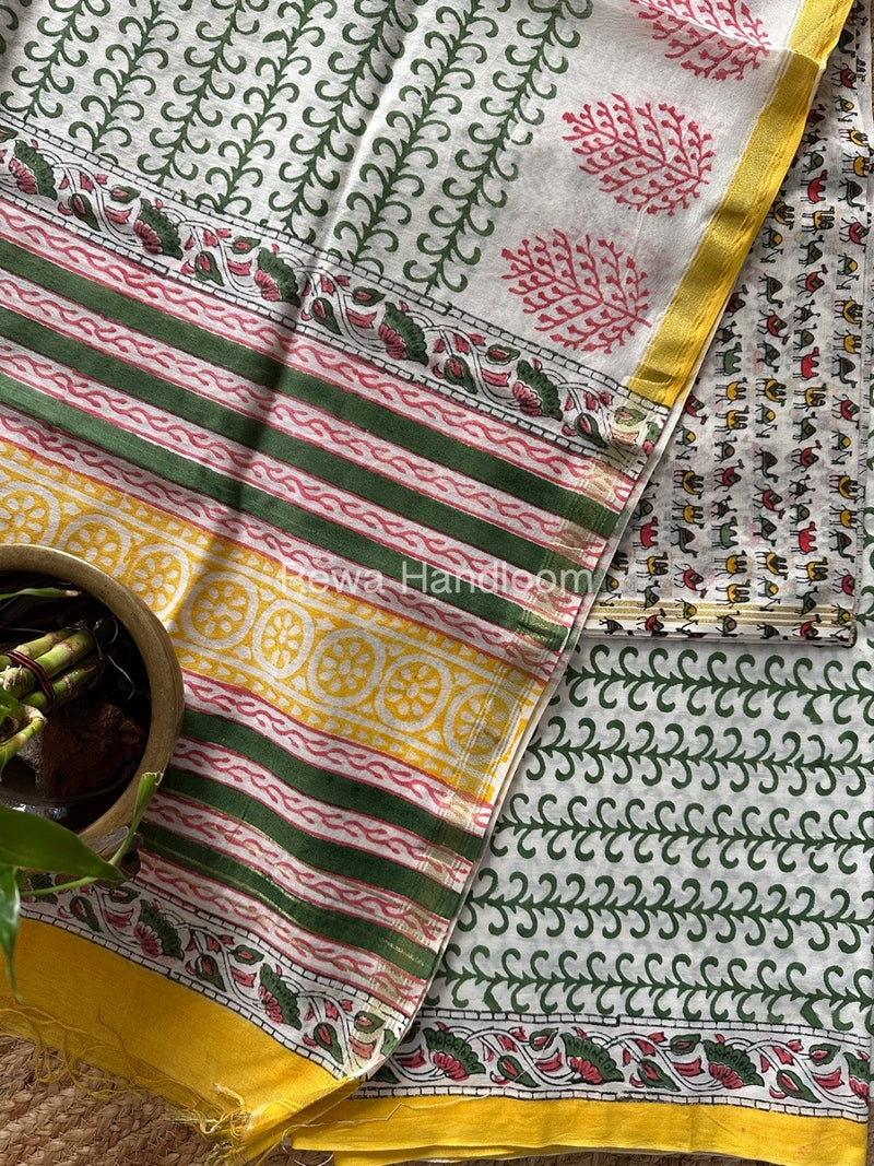 White-Green Chanderi Printed Suit CBS010