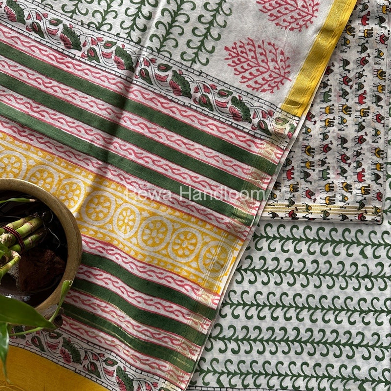 White-Green Chanderi Printed Suit CBS010