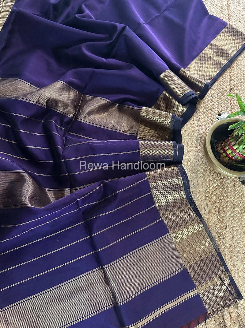 Maheshwari Dark Purple Zari Border Plain Saree ZS0108