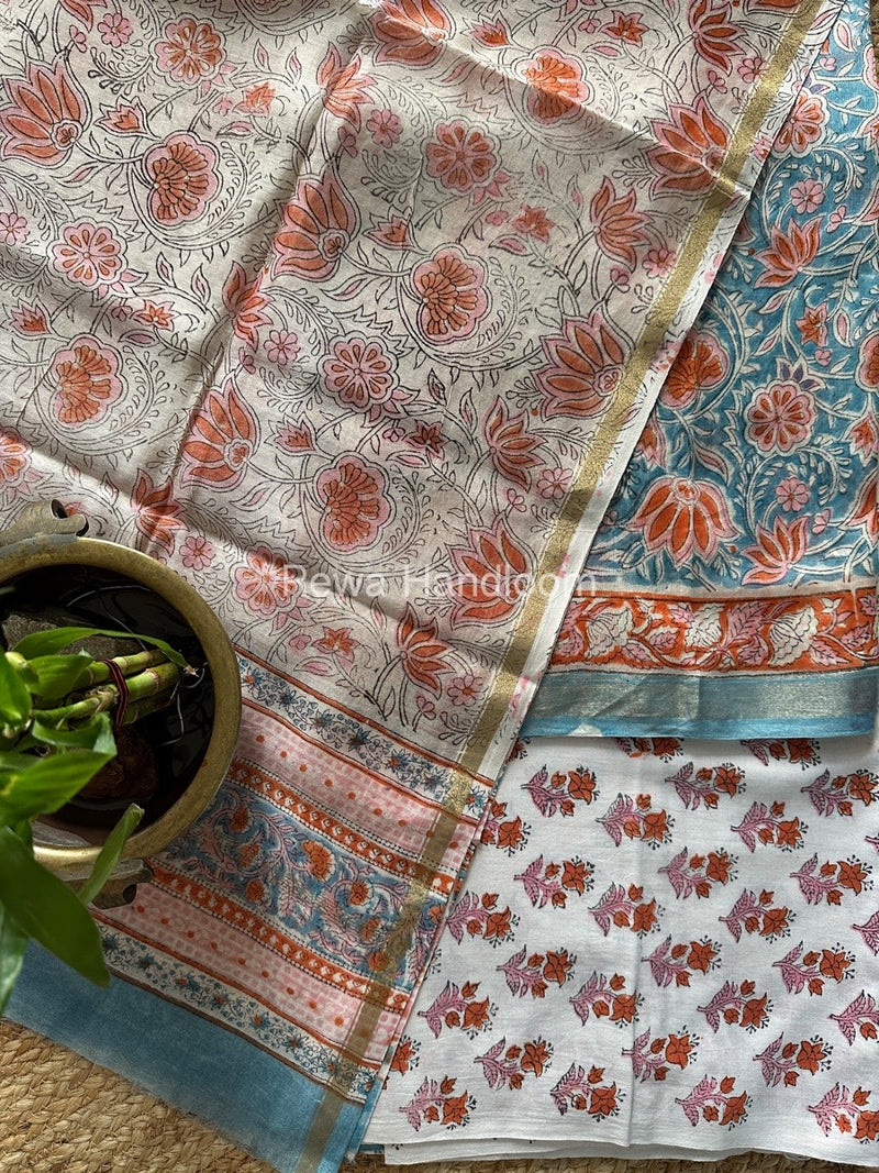 Blue-White Chanderi Printed Suit CBS011