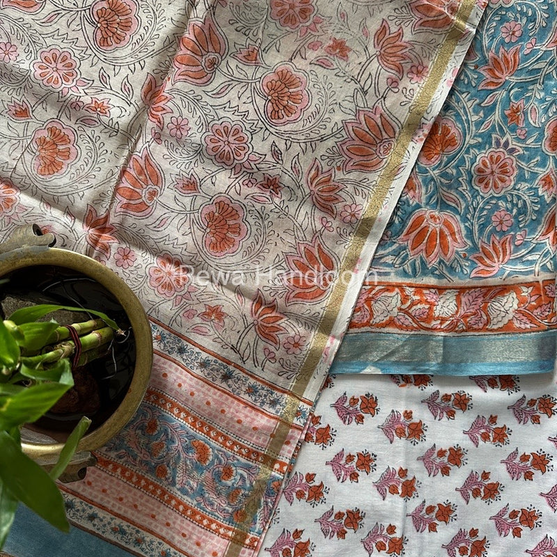 Blue-White Chanderi Printed Suit CBS011