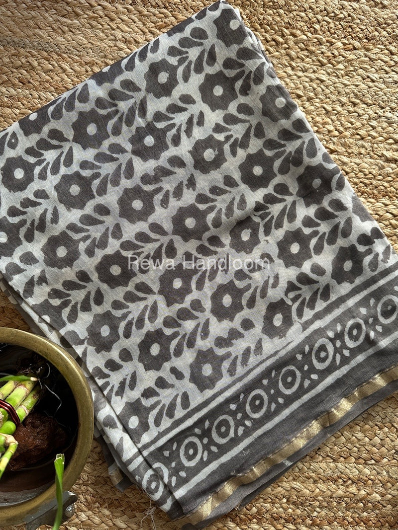 Grey-White Chanderi Printed Suit CBS013
