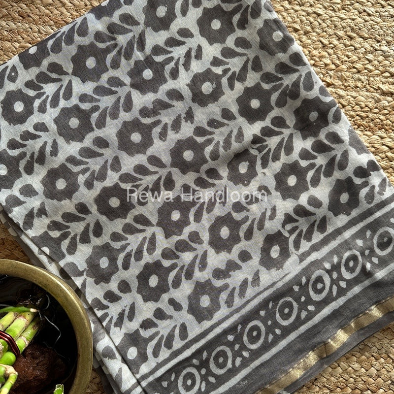 Grey-White Chanderi Printed Suit CBS013
