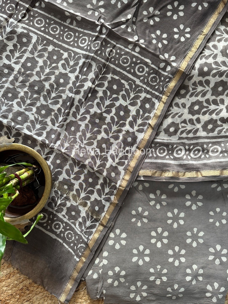 Grey-White Chanderi Printed Suit CBS013