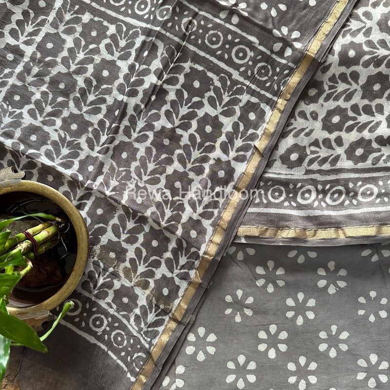 Grey-White Chanderi Printed Suit CBS013