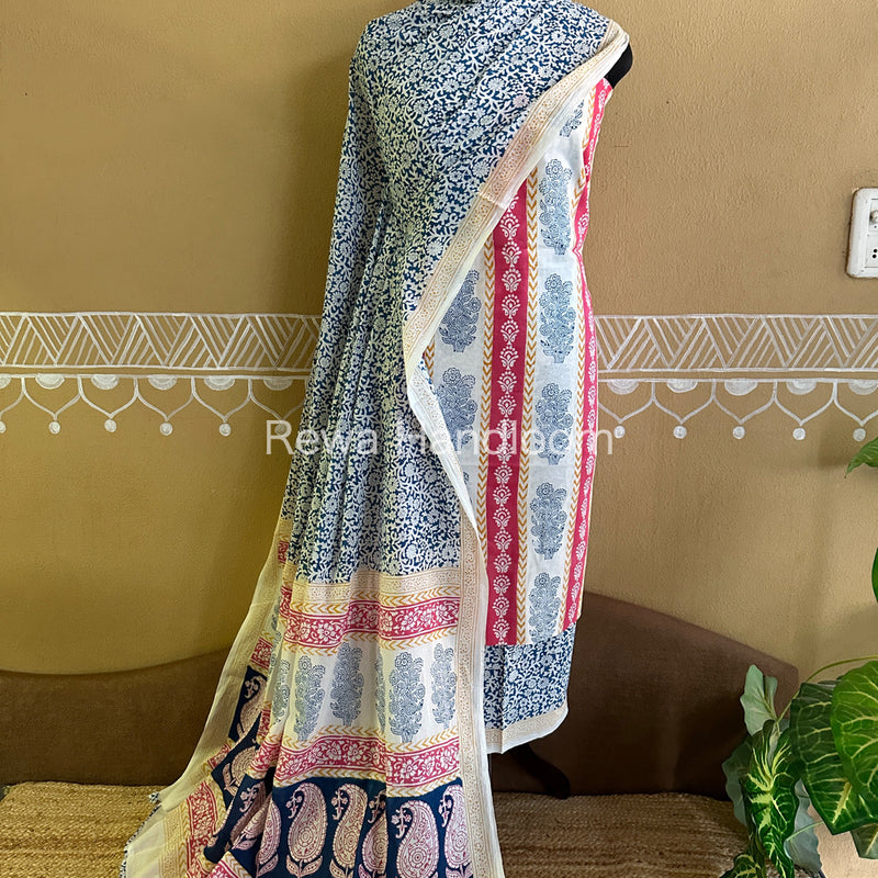 White-Blue Indigo Bagh Print Suit BCI014