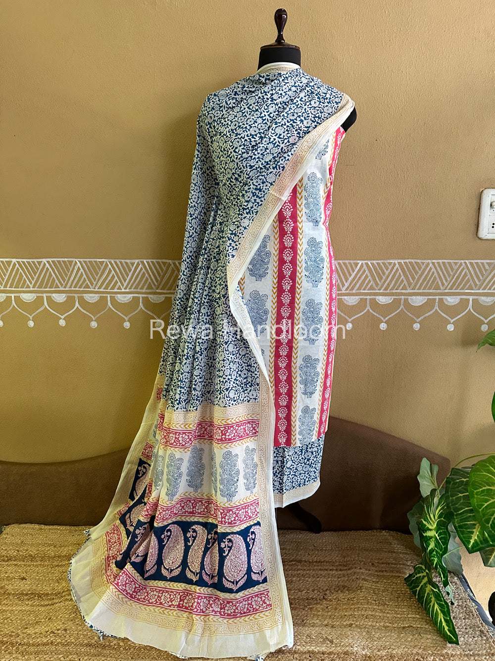 White-Blue Indigo Bagh Print Suit- BCI014