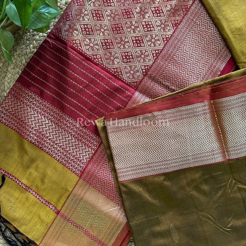 Maheshwari Mustard Yellow Pure Silk Saree