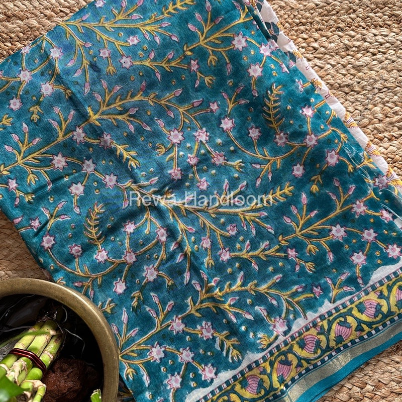 Teal Green-White Chanderi Printed Suit CBS015