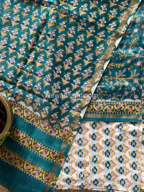 Teal Green-White Chanderi Printed Suit CBS015