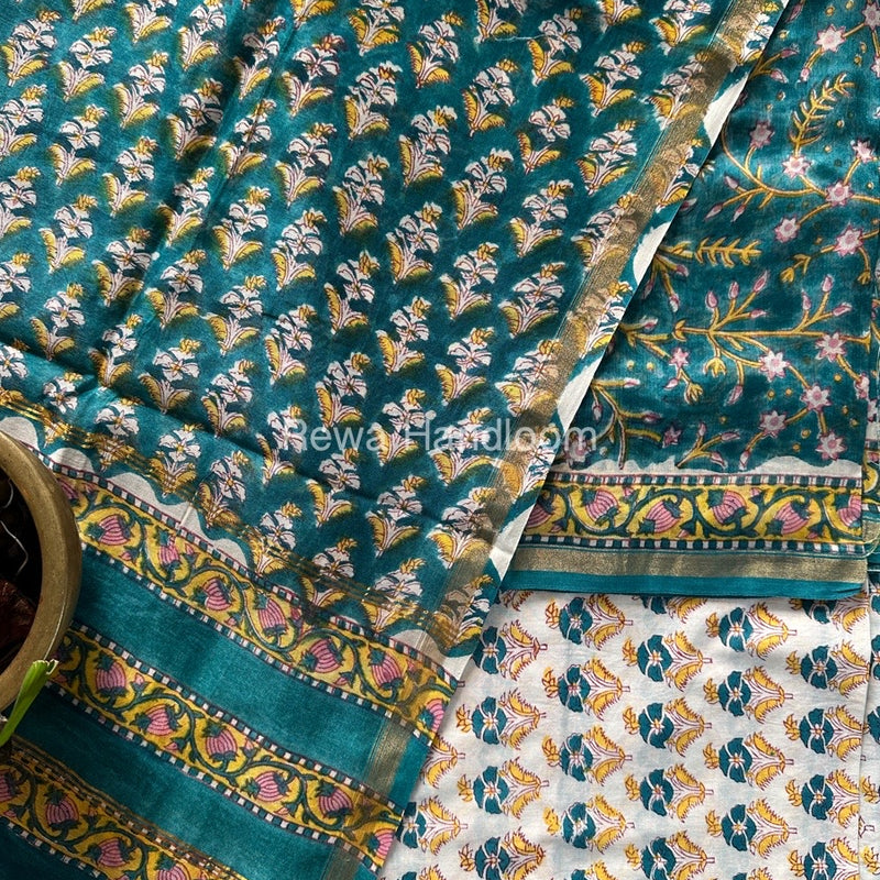 Teal Green-White Chanderi Printed Suit CBS015