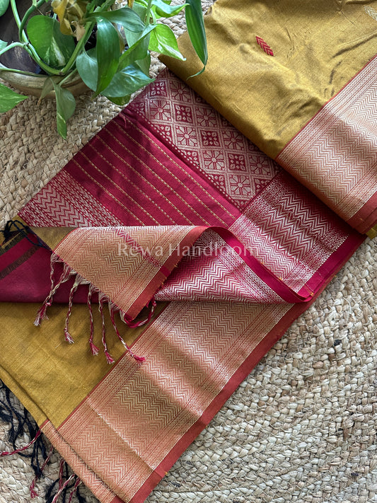 Maheshwari Mustard Yellow Pure Silk Saree