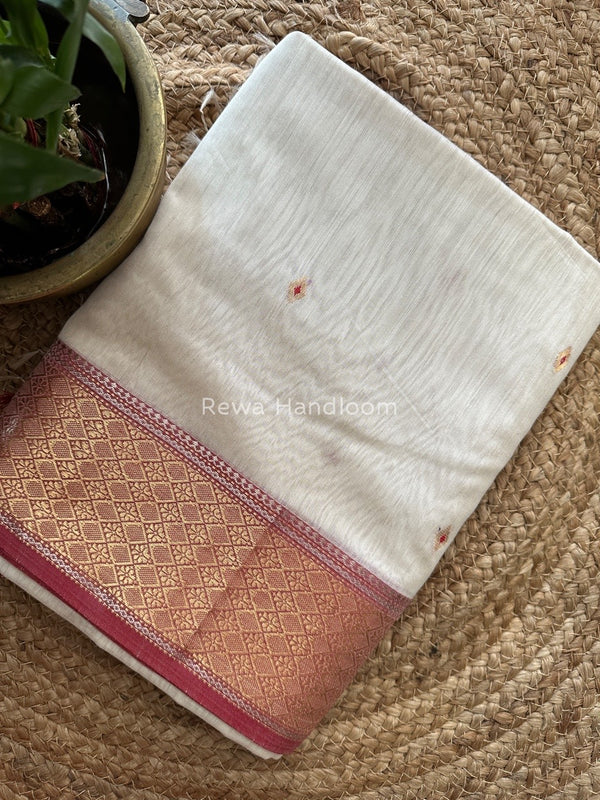 Off White Zari Butti Maheshwari Saree MBS002