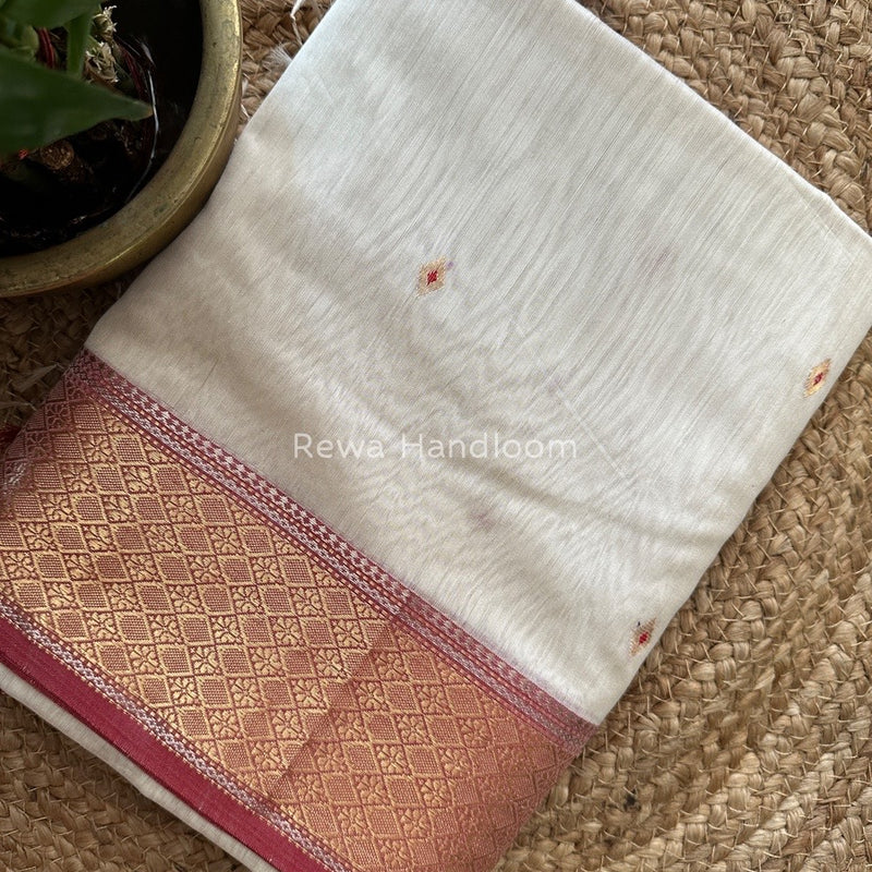 Off White Zari Butti Maheshwari Saree MBS002