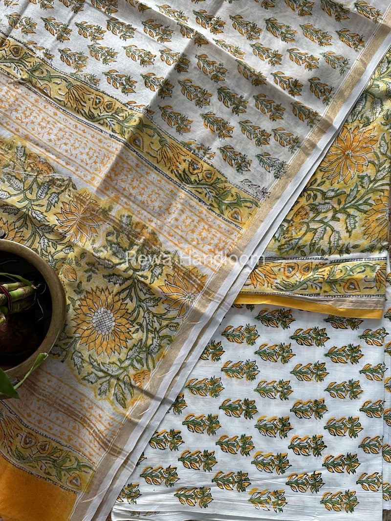 Yellow-White Chanderi Printed Suit CBS016