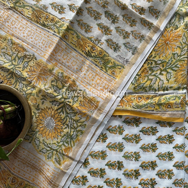 Yellow-White Chanderi Printed Suit CBS016