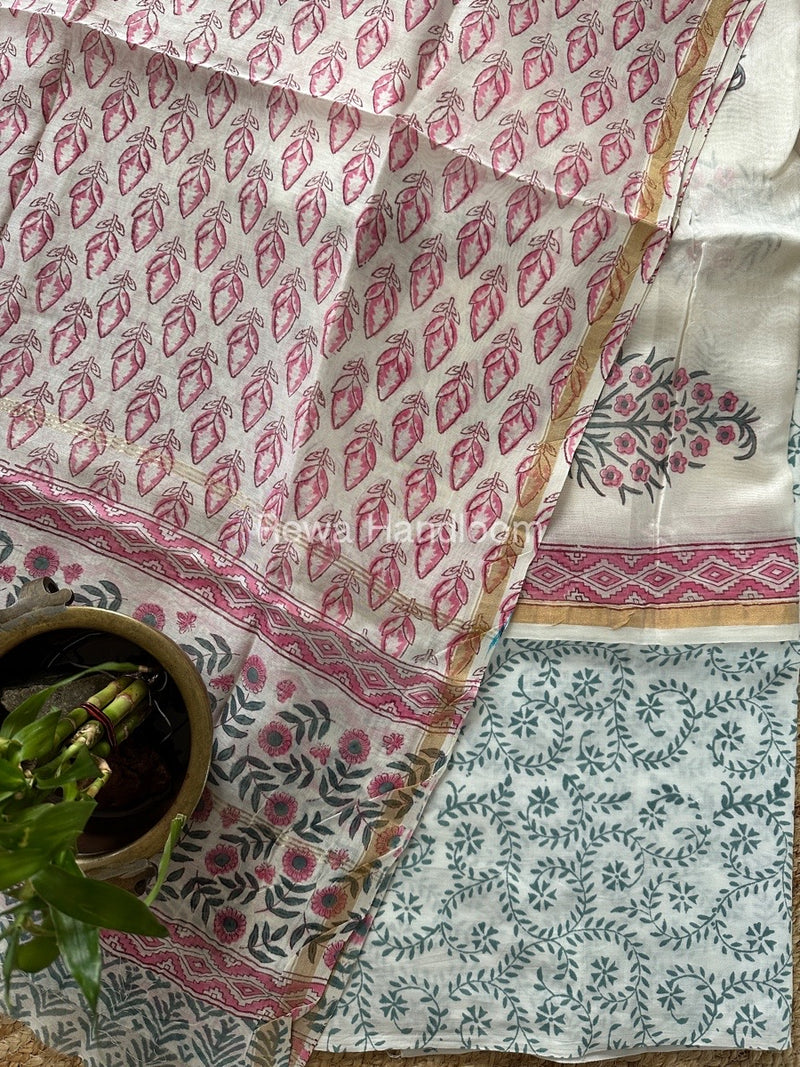 White-Mint Green Chanderi Printed Suit CBS03