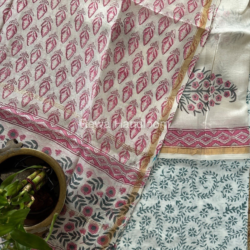 White-Mint Green Chanderi Printed Suit CBS03